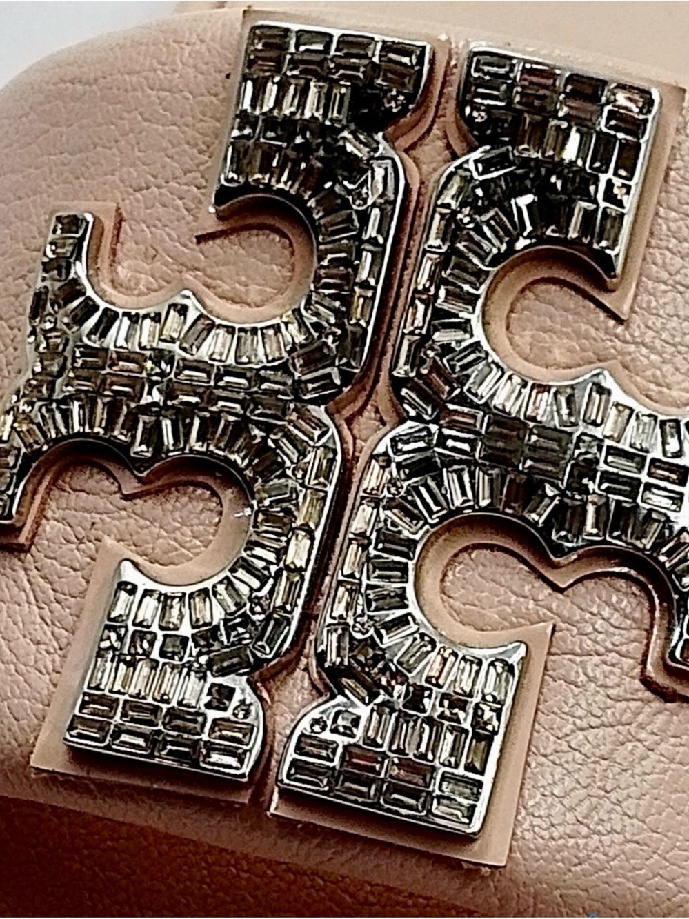 Tory Burch Double T Deco Sport slides Shell Rose Crystals Sandals Retails $425 - Picture 2 of 6